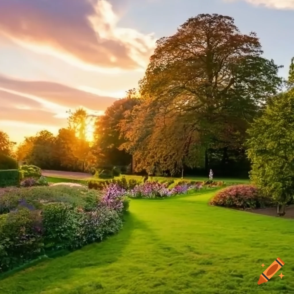 Gardens in knighton park, leicester, england with at sunset