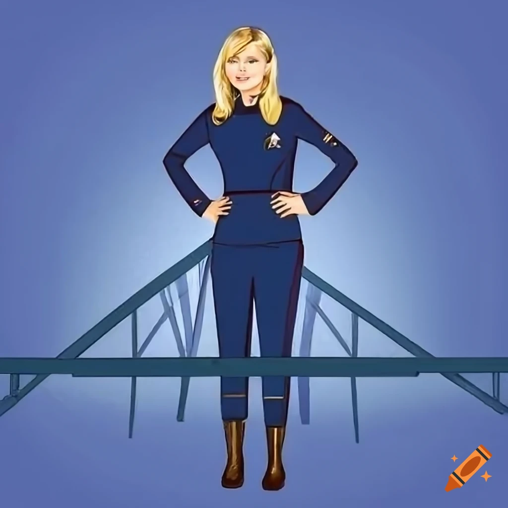 Kirsten Dunst, wearing a classic blue Star Trek uniform, portrays a Vulcan science officer standing on the bridge of the U.S.S. Enterprise drawn in the style of Filmation Studios circa 1973