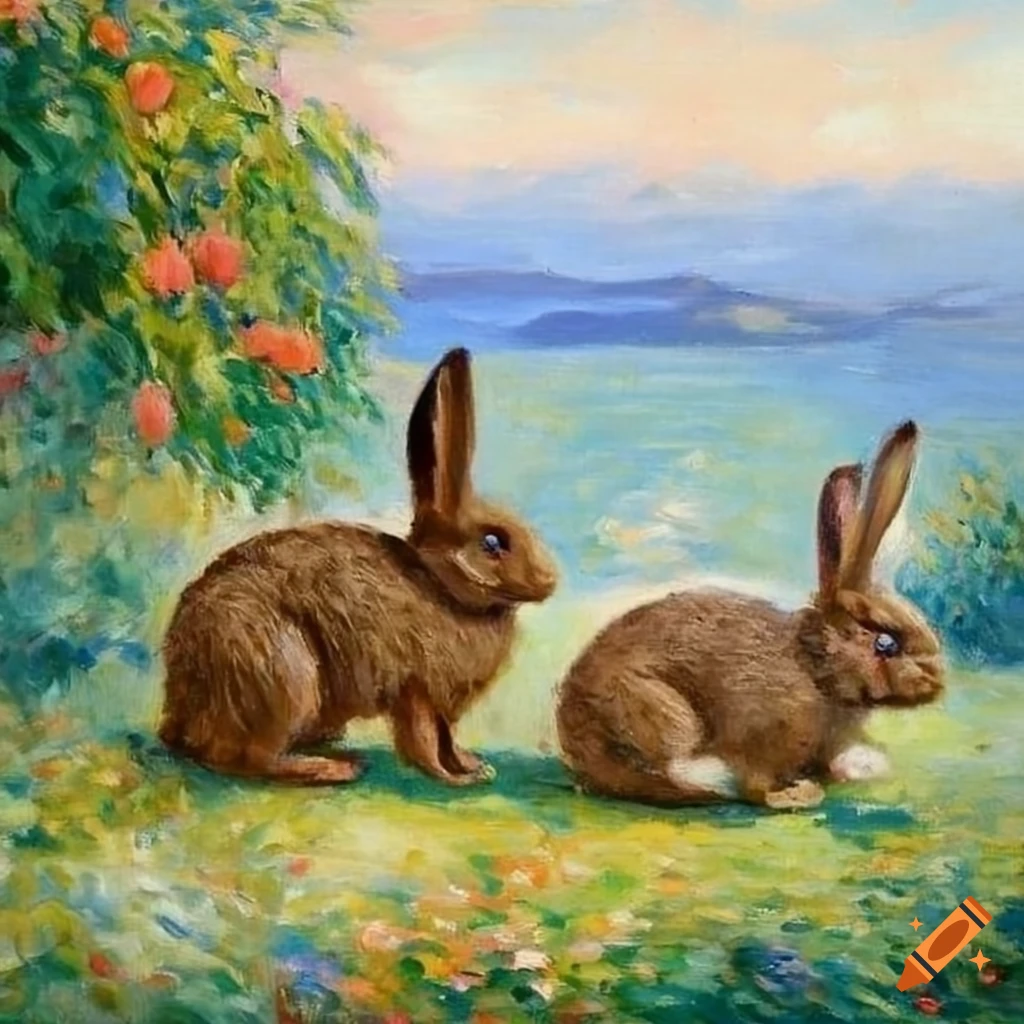 Classic painting of 2 brown rabbits with white spots wearing overalls ...
