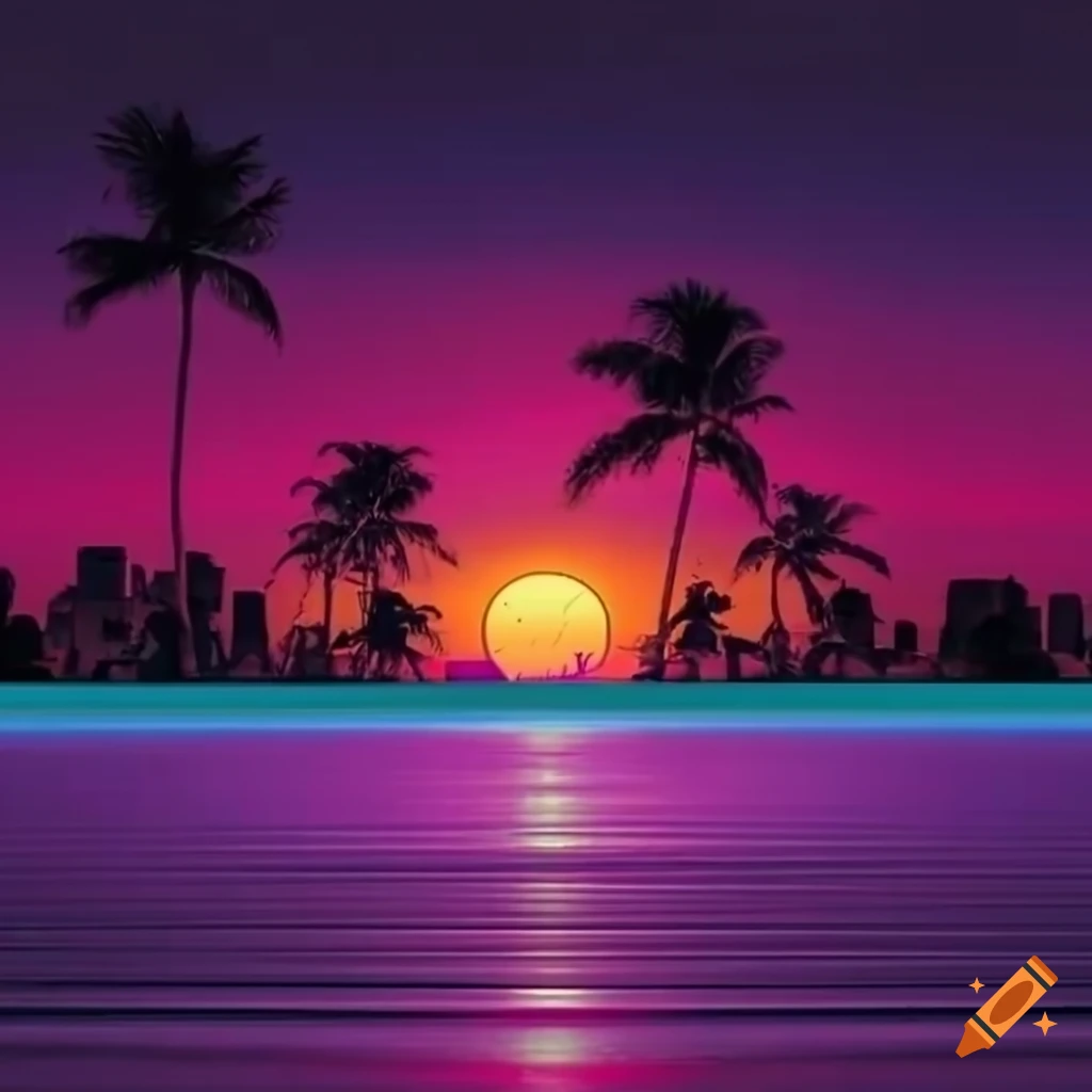 80s synthwave on beach sunset backdrop miami on Craiyon