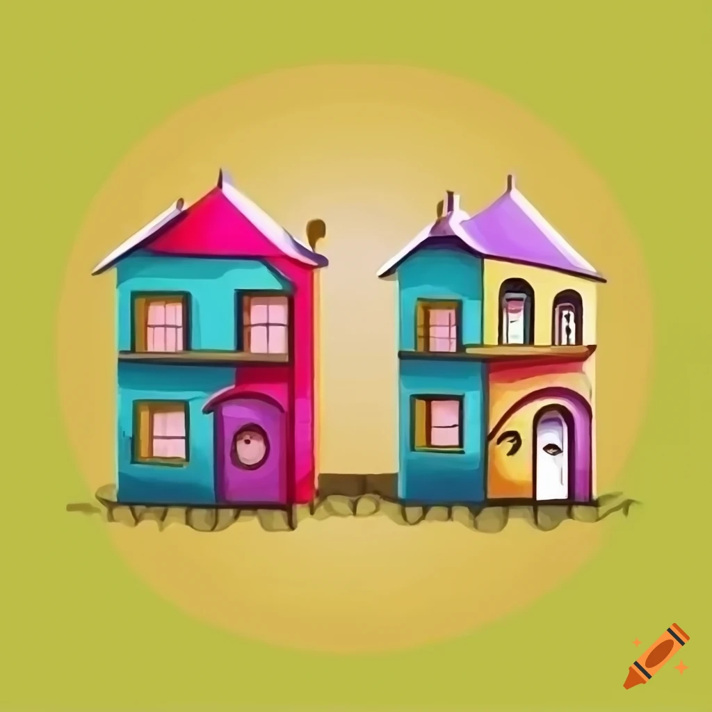 Two houses smiling, colorful artistic picture