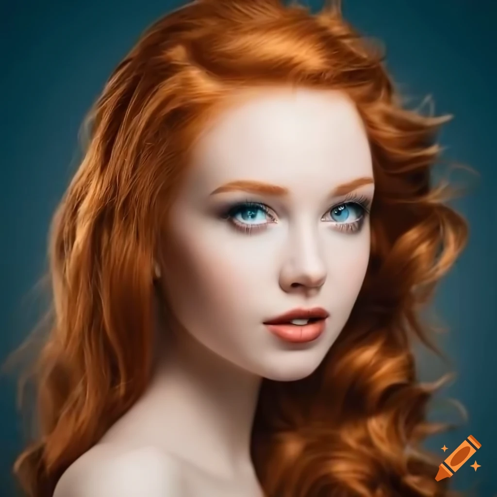 Young ginger woman, pale skin, wavy hair, photograph, portrait