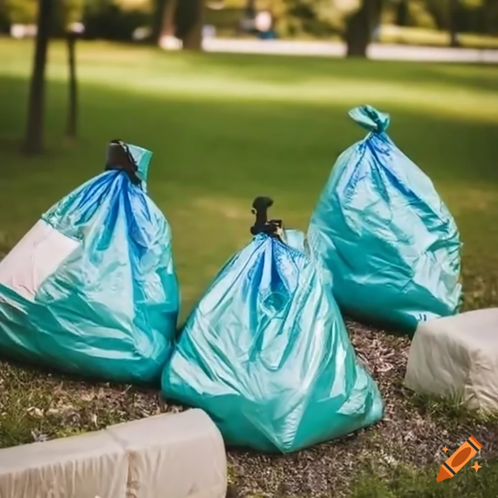 Close-up of garbage bags in a park, captured with artistic flair on Craiyon