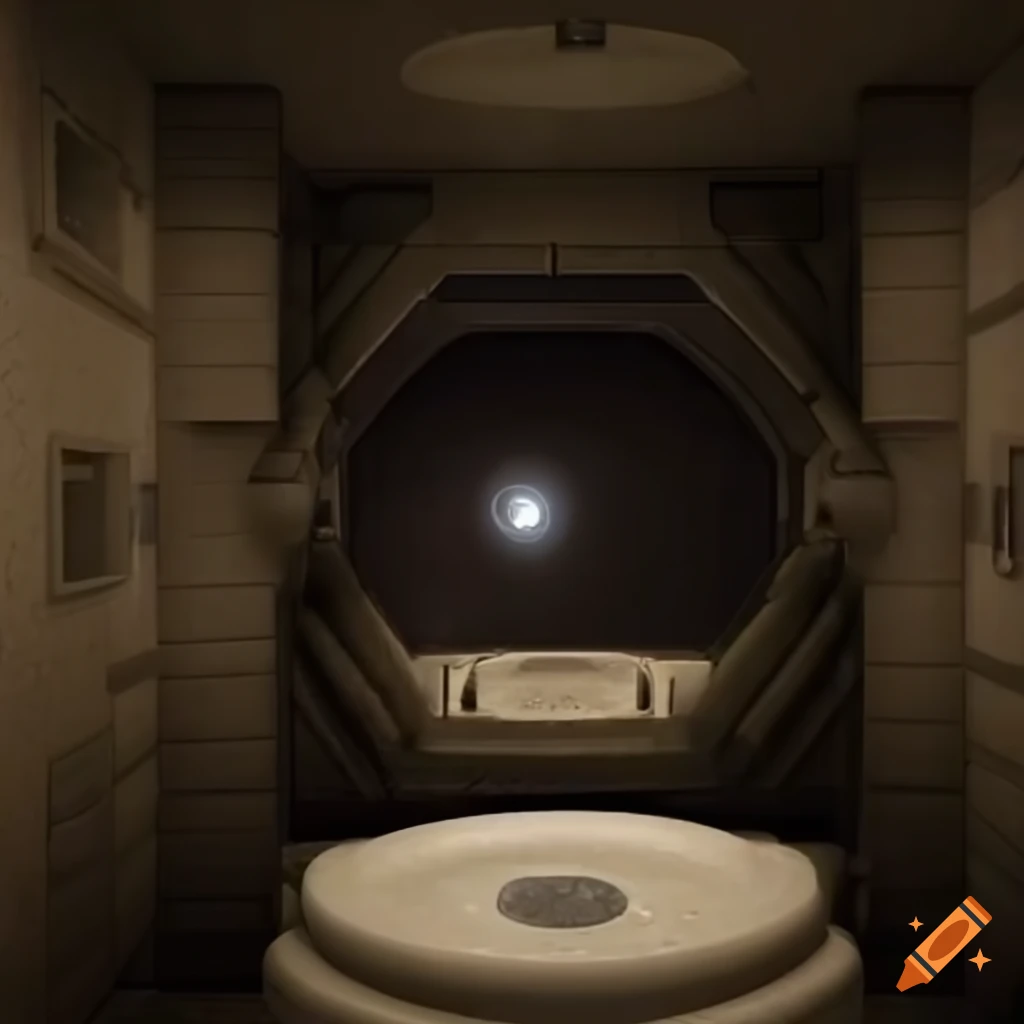 sci-fi alien bathroom in jail multicomplex on EARTHs moon, inside view to outside