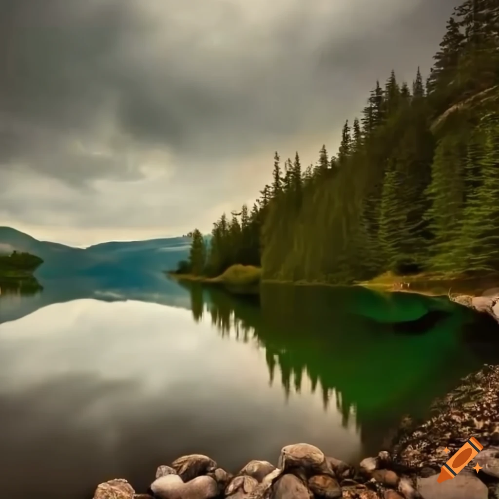 Lake in the mountains with cedars on a stony shore on Craiyon