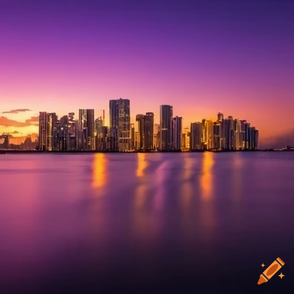 Miami skyline spectacular glowing sunset sky