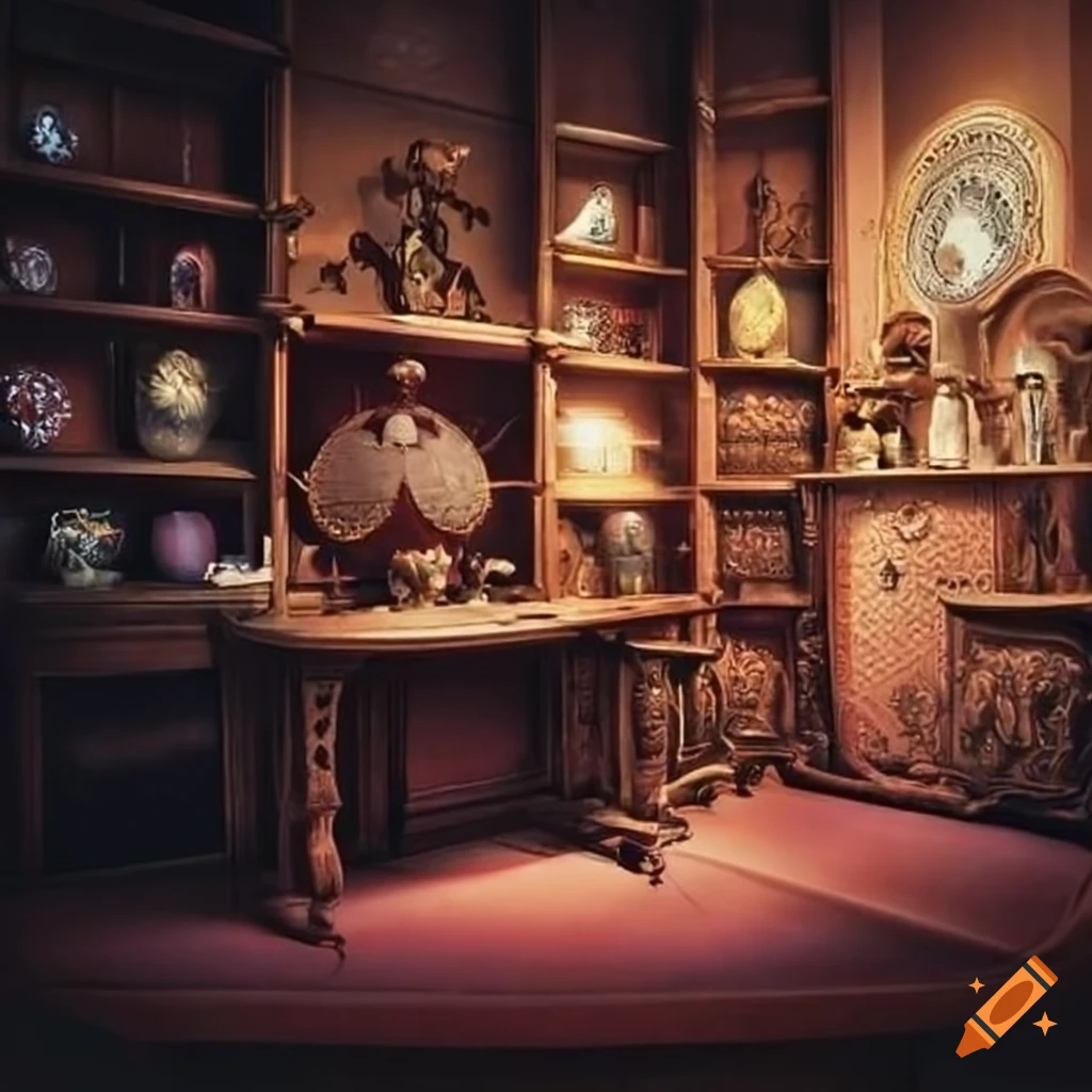 A rich room, with different magic artifacts and trinkets on shelfes
