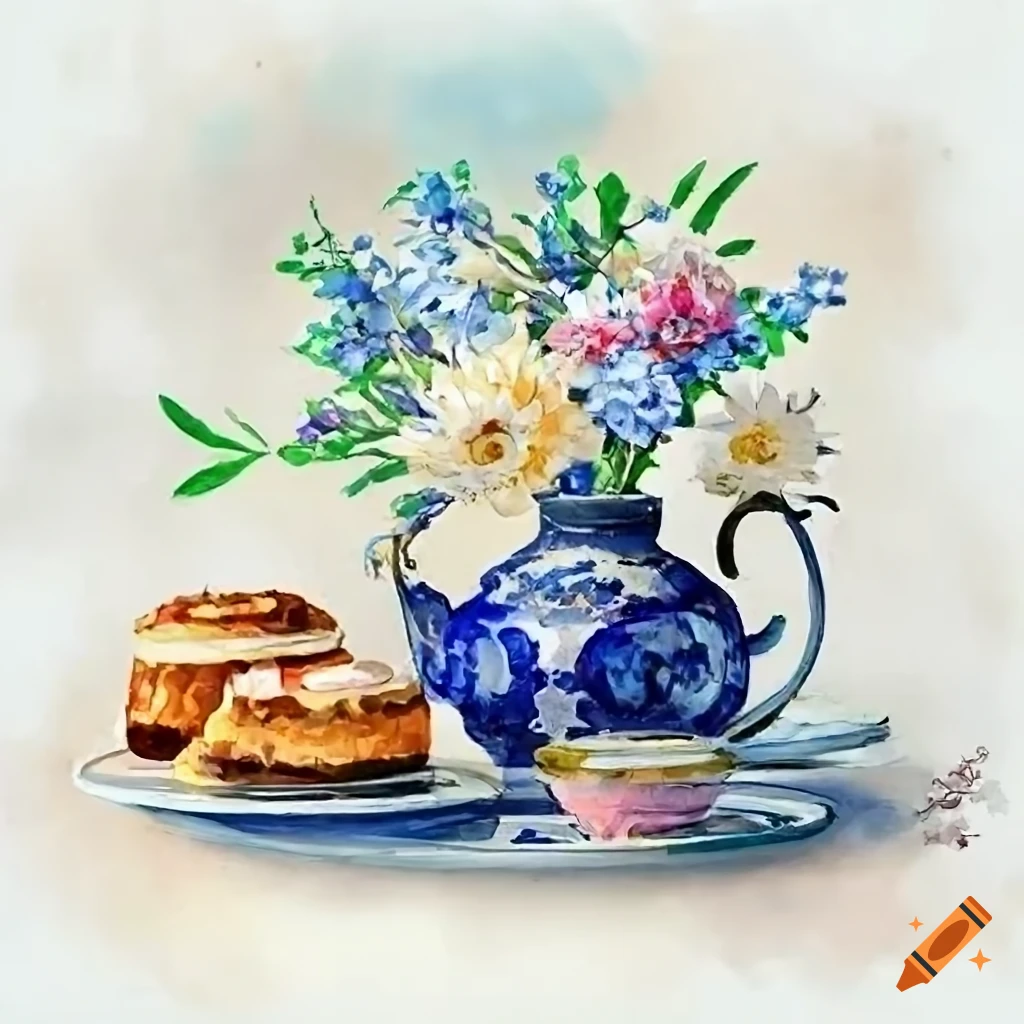 Digital watercolor painting showing a faience tea set, on a table with ...