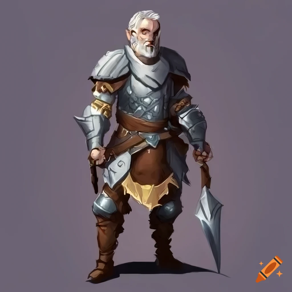 cell shaded full body fantasy character sprite for a visual novel, retired grey hair male dnd warrior in leather armor, clean linework, high detail