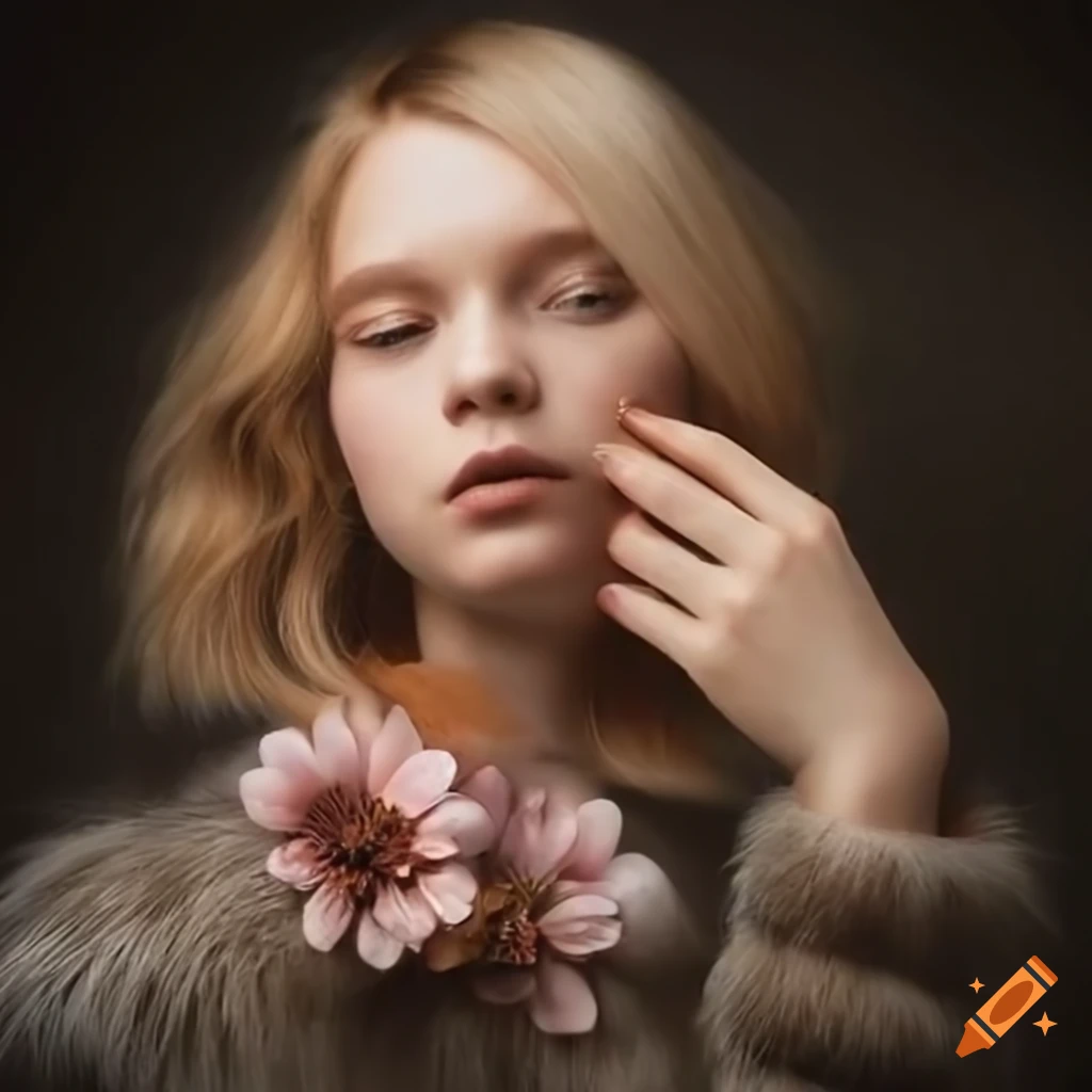 Cute playful young woman, bob styled hair, detailed, fur coat, nature,  flowers, realistic, a mix between ella freya and lea seydoux