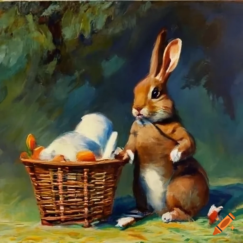 Classic painting of 2 brown rabbits with white spots wearing overalls ...