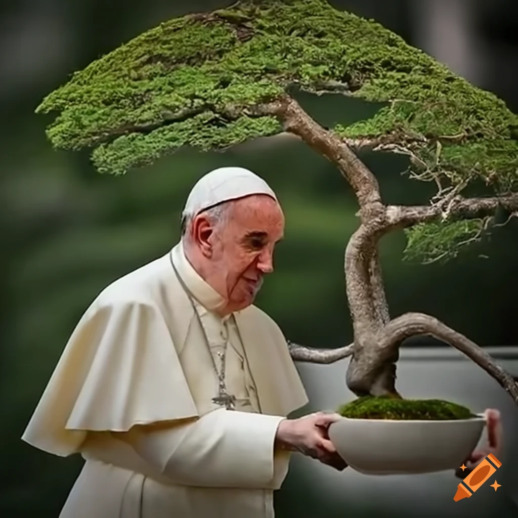 Pope francis watering a bonsai on Craiyon