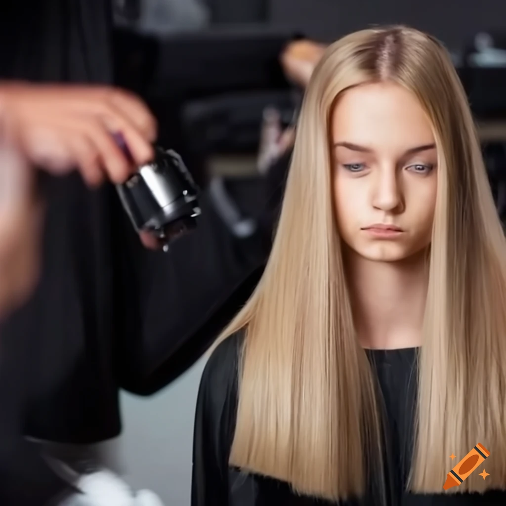 Blonde model getting her long, straight hair trimmed by a stylist while