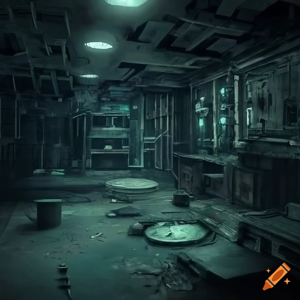 Abandoned underground laboratory interior, high tech sci-fi machinery and  computers, dark low lighting, post-apocalyptic, realistic shading, anime  style on Craiyon