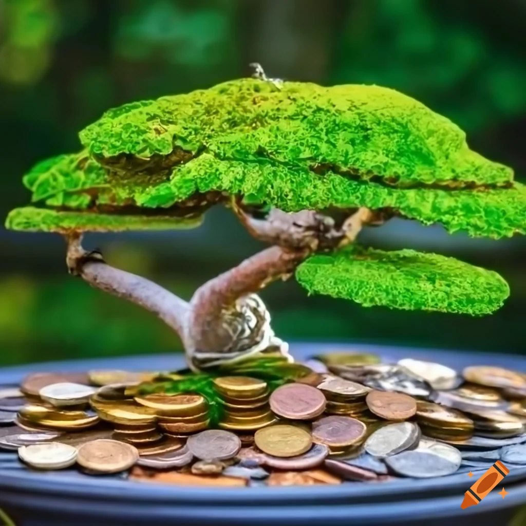 Bonsai with leaves of coins on Craiyon