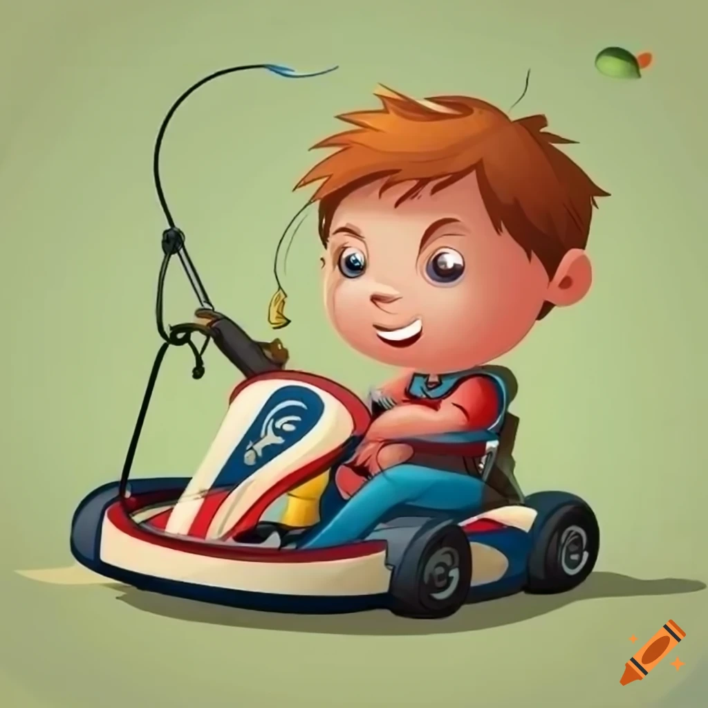 A cartoon of a boy in a gokart with a fishing rod on Craiyon