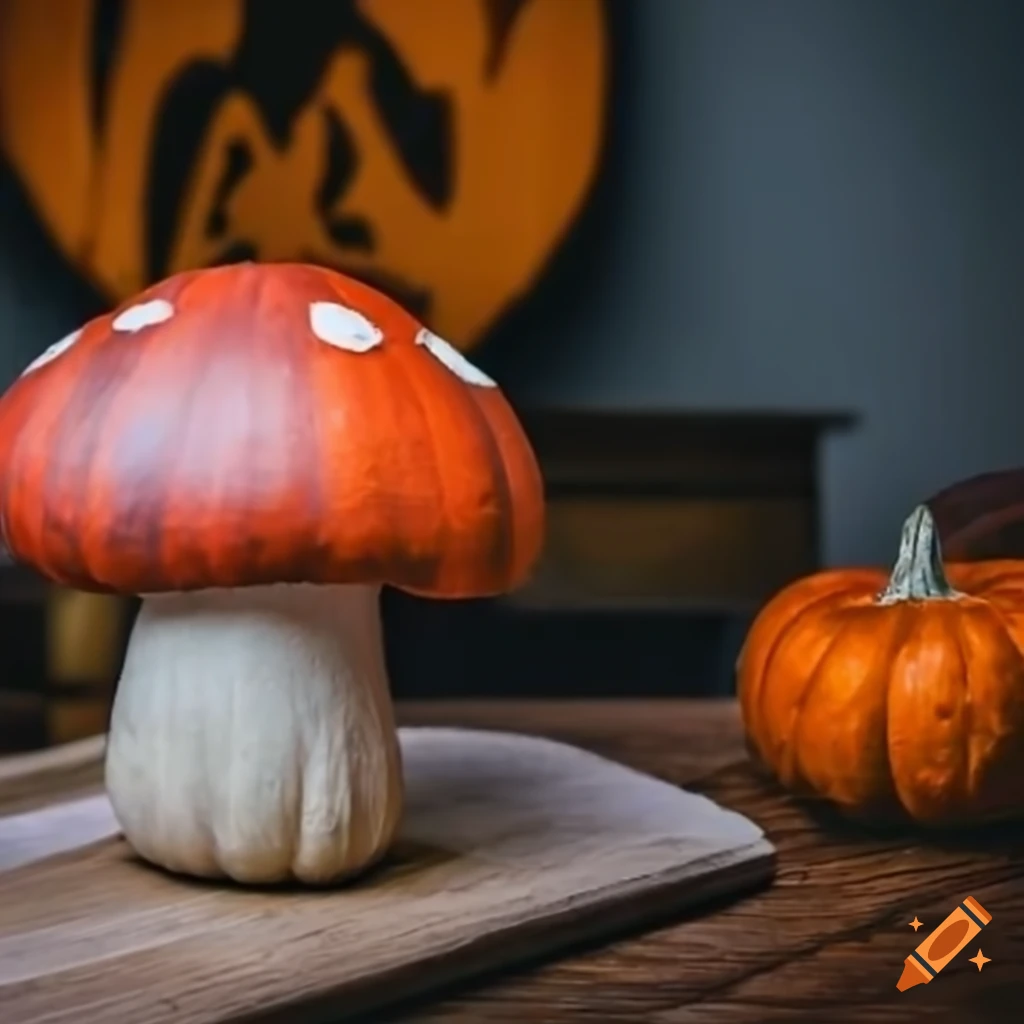 Mushroom-shaped halloween pumpkin on table