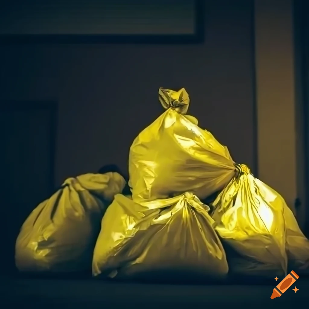 Professional shot of a pile of green yellow and black garbage bags  overloaded in a school hallway, particulate, detailed portrait, soft  lighting, stunning, delicate details, low angle view