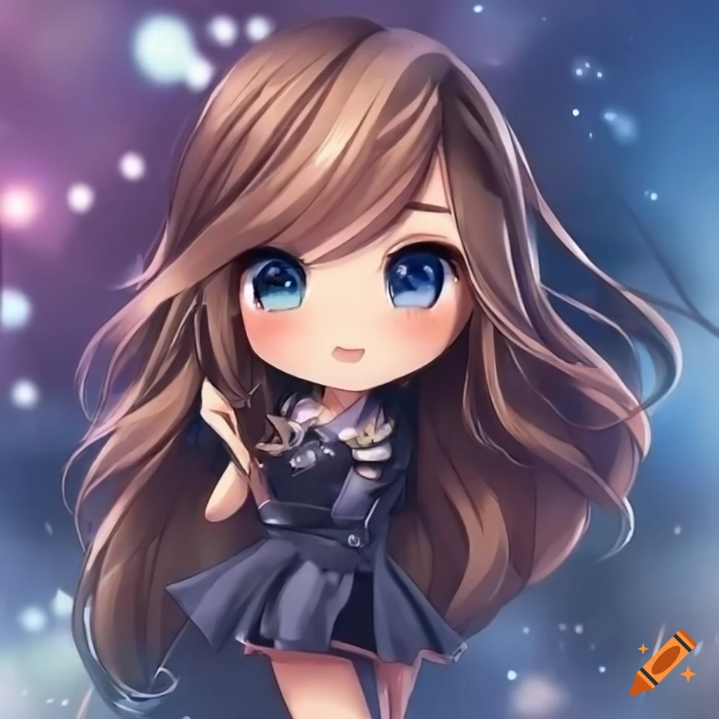 anime chibi girl with brown hair and blue eyes