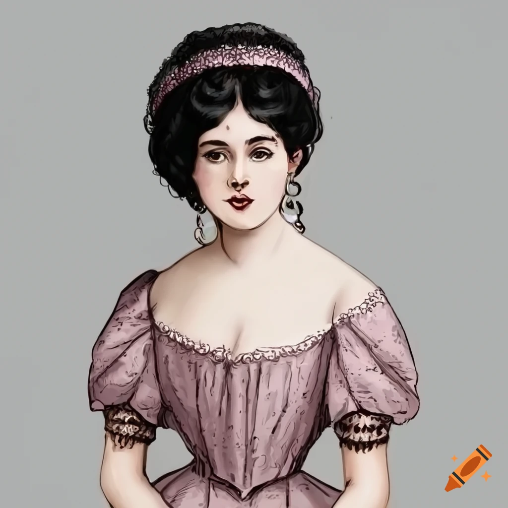 A beautiful black-haired gibson girl style woman wearing 1890’s mauve lace dress and pearl earrings with a gentle smile in the style of charles dana gibson HD transparent background