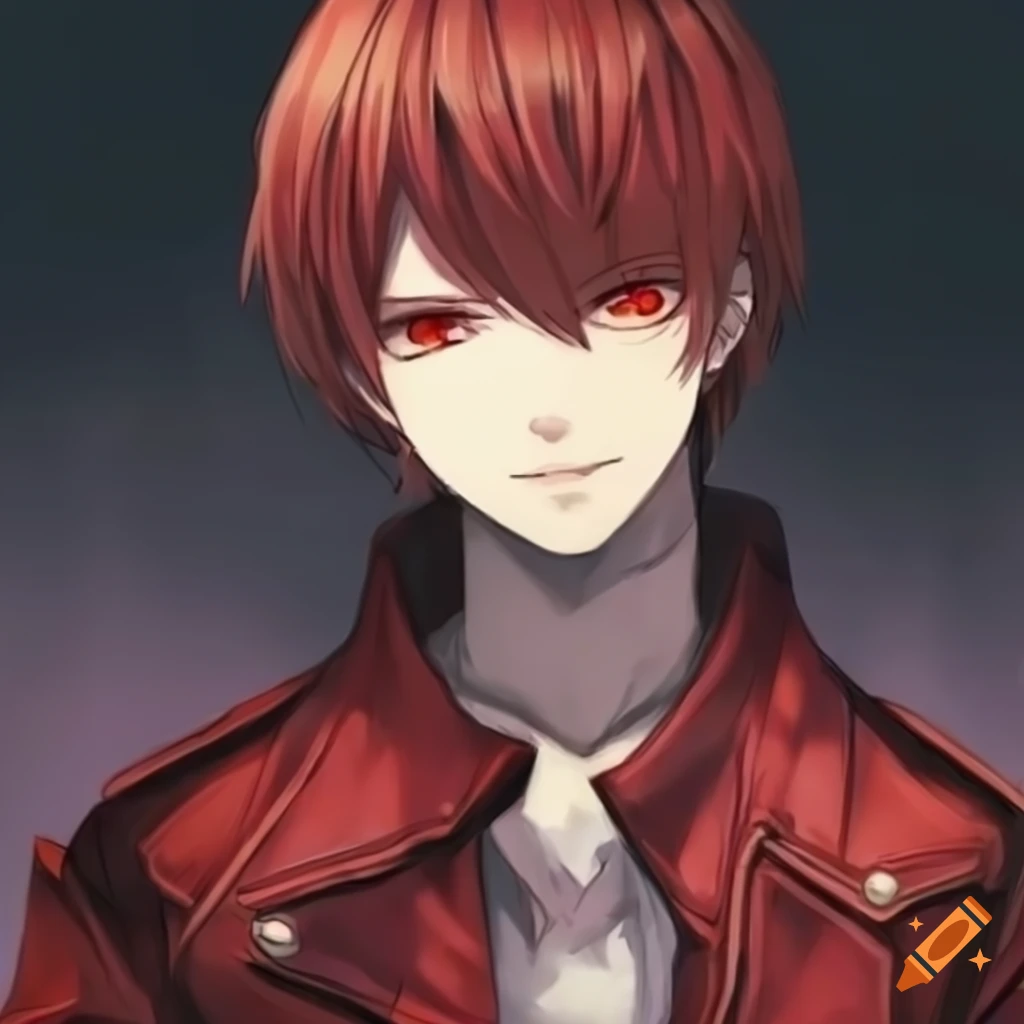 Anime boy with brown hair, red eyes and a red leather jacket
