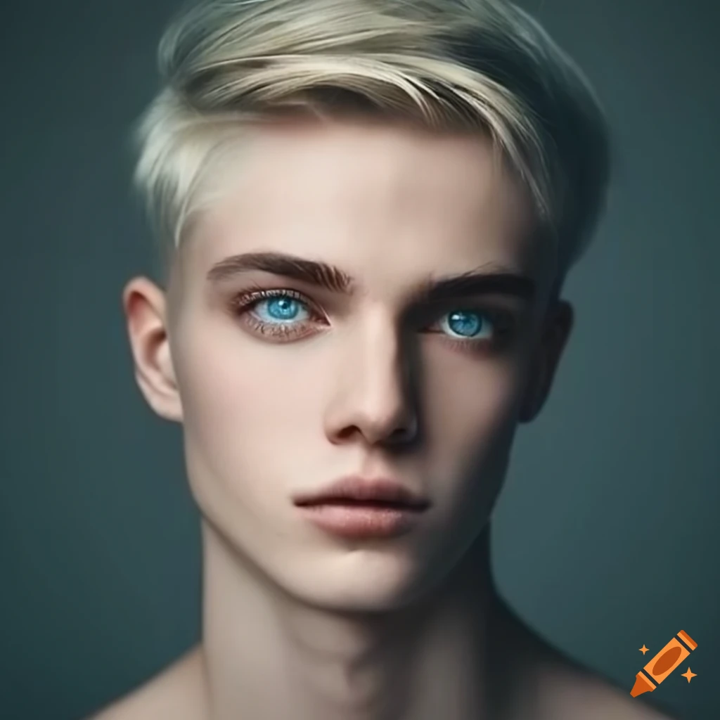 Pale thin handsome male face, small pointed nose, green eyes, light ...