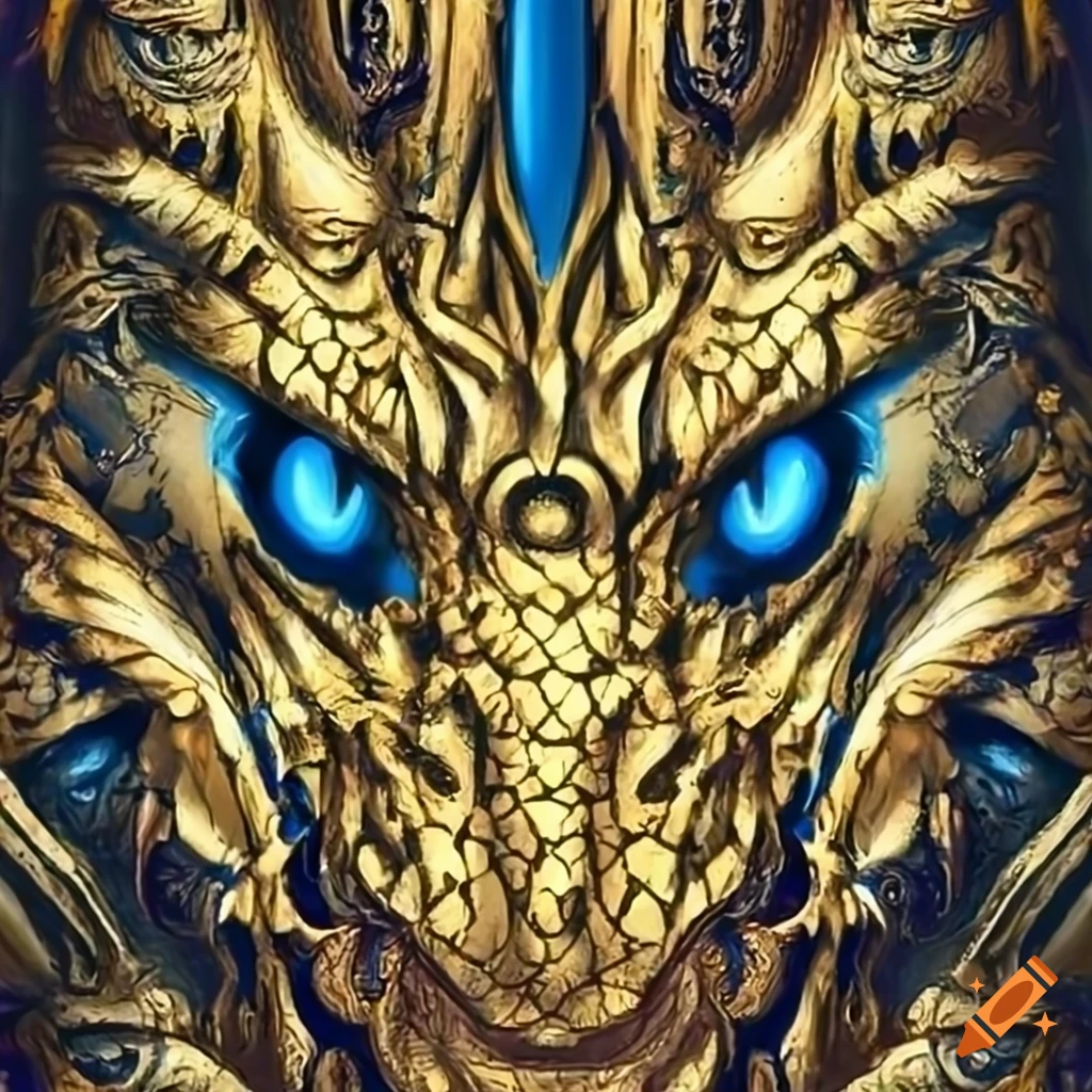 Head of a gold dragon with blue dragon eyes and cyan-colored gills on  Craiyon
