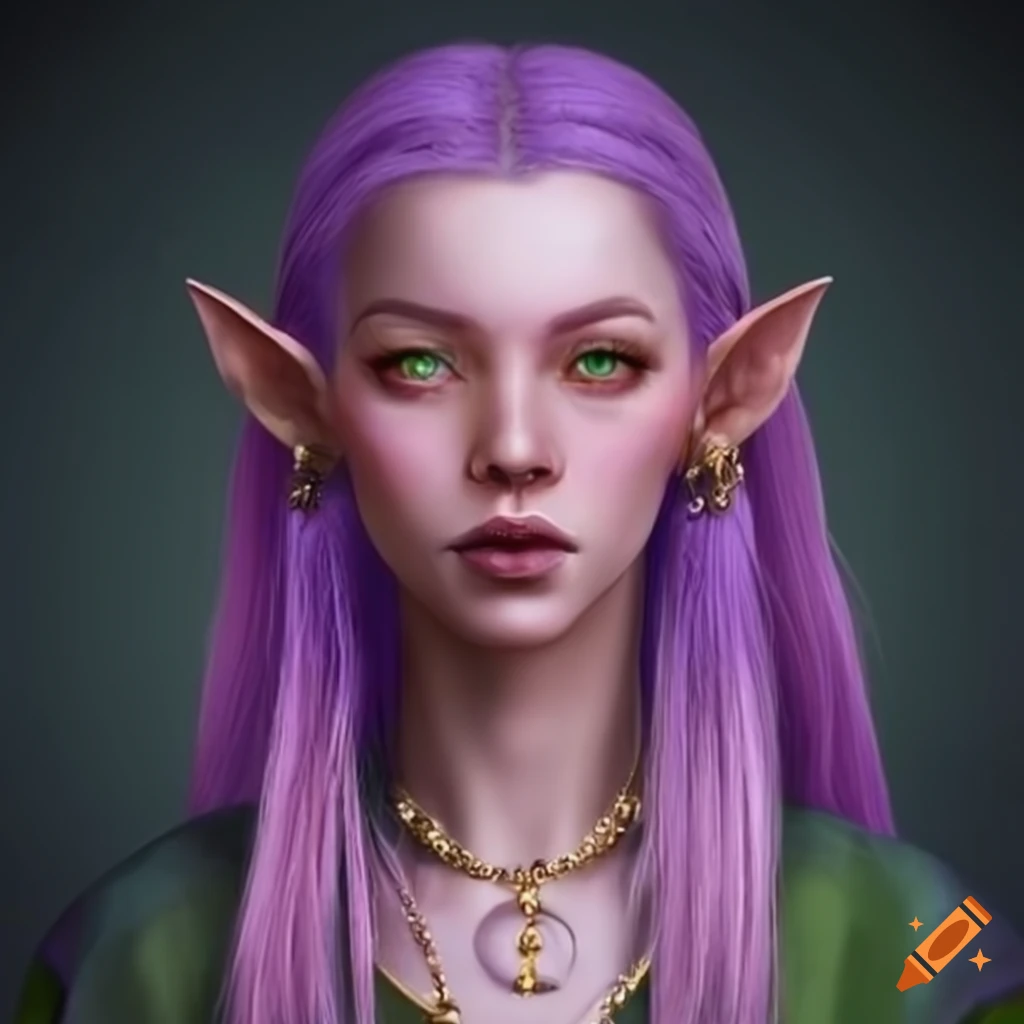 A pale pink skinned elf woman. aged about 19, long hair in an ombré ...