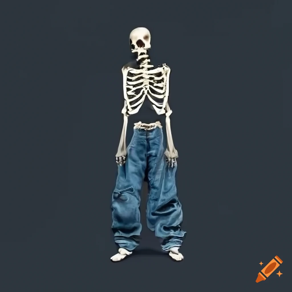 A skeleton with baggy jeans on and the background is dark, scary, and ...