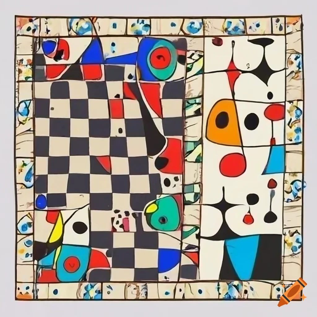 Joan Miró drawing of a chess board with chess pieces, bright colours, vivid colours, high detail