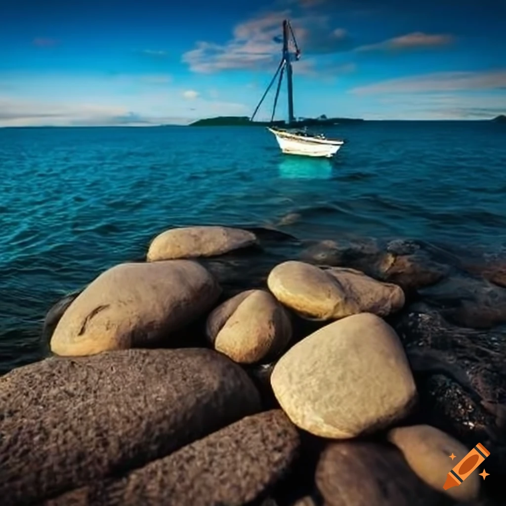 Sloop Water A rocky beach with a sloop on the water
