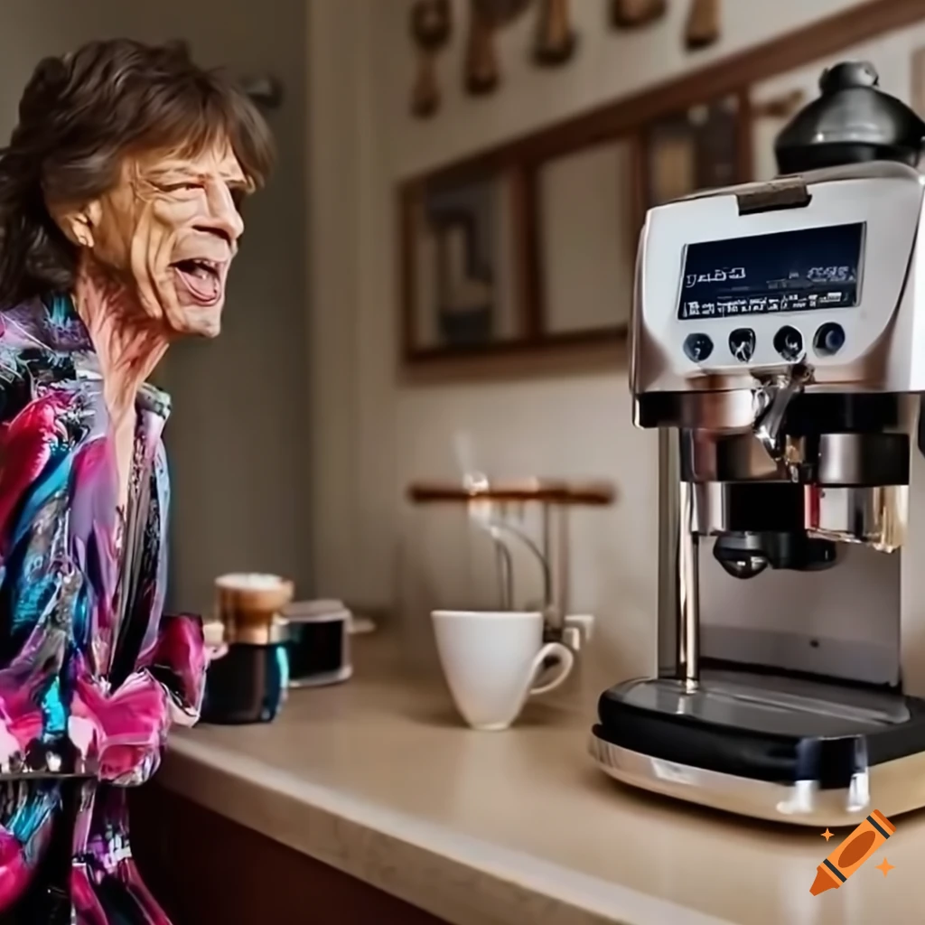 There is a nice coffee machine on the table and mick jagger is standing  next to it, making coffee. but a cup of coffee is already ready and on the  table, with