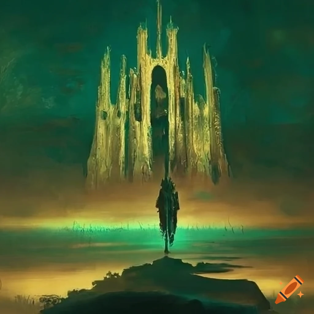 Vanaheim rendered in green and gold painted by beksinski