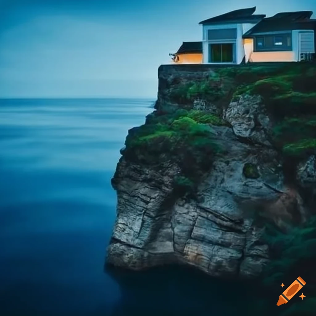 A house near the sea but its on the rocks. stairs go to sea shore and a  black yacht is over there on Craiyon