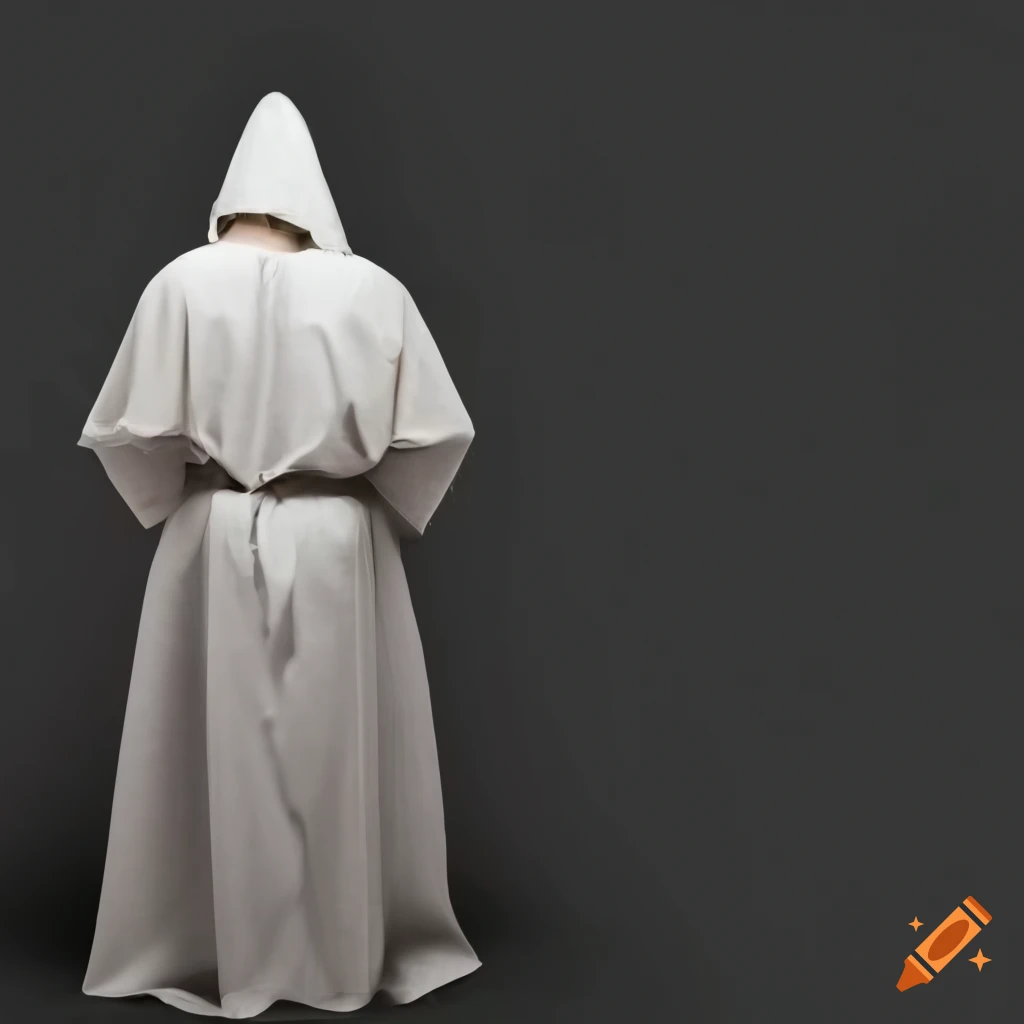 Medieval priest in white robes from a top down perspective against a