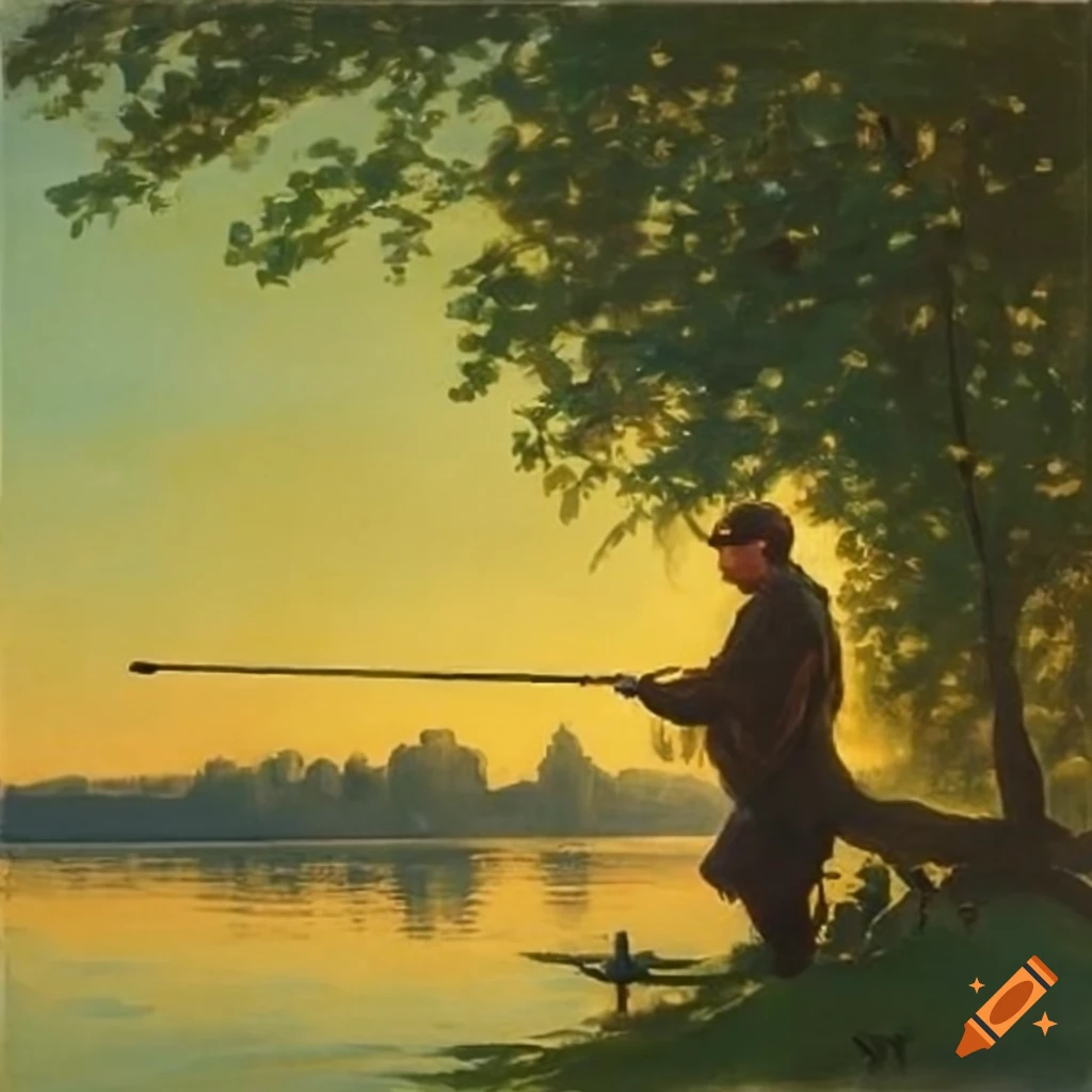 A fisherman with a fishing rod on the lake shore in the summer