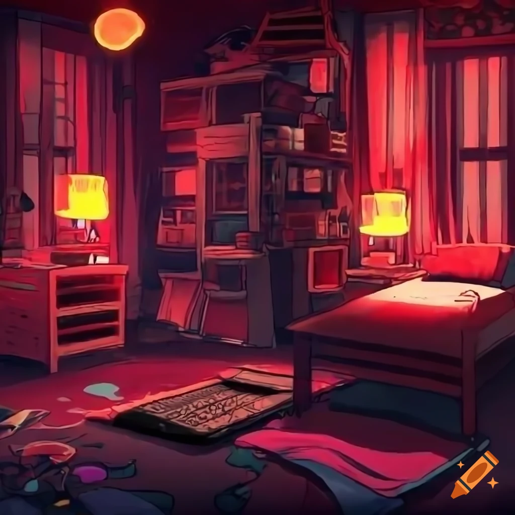 Dark ambience, cluttered bedroom, red highlights, vibrant, vocaloid ...