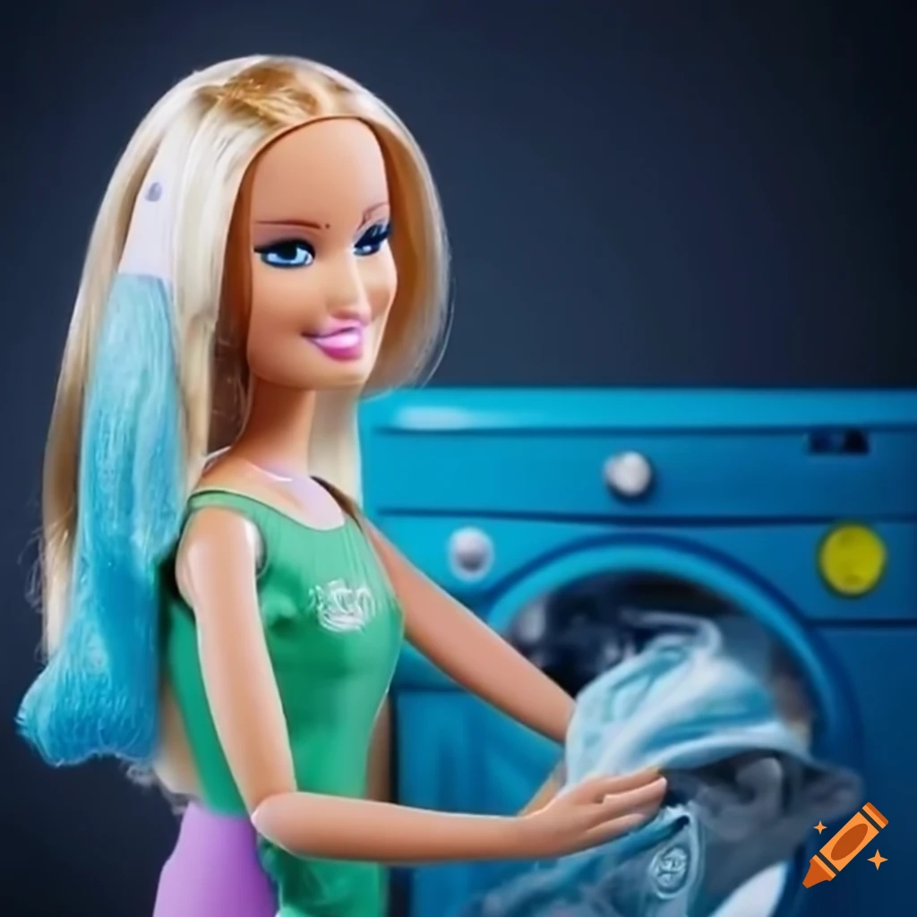 Barbie doing laundry with using persil capsule on Craiyon