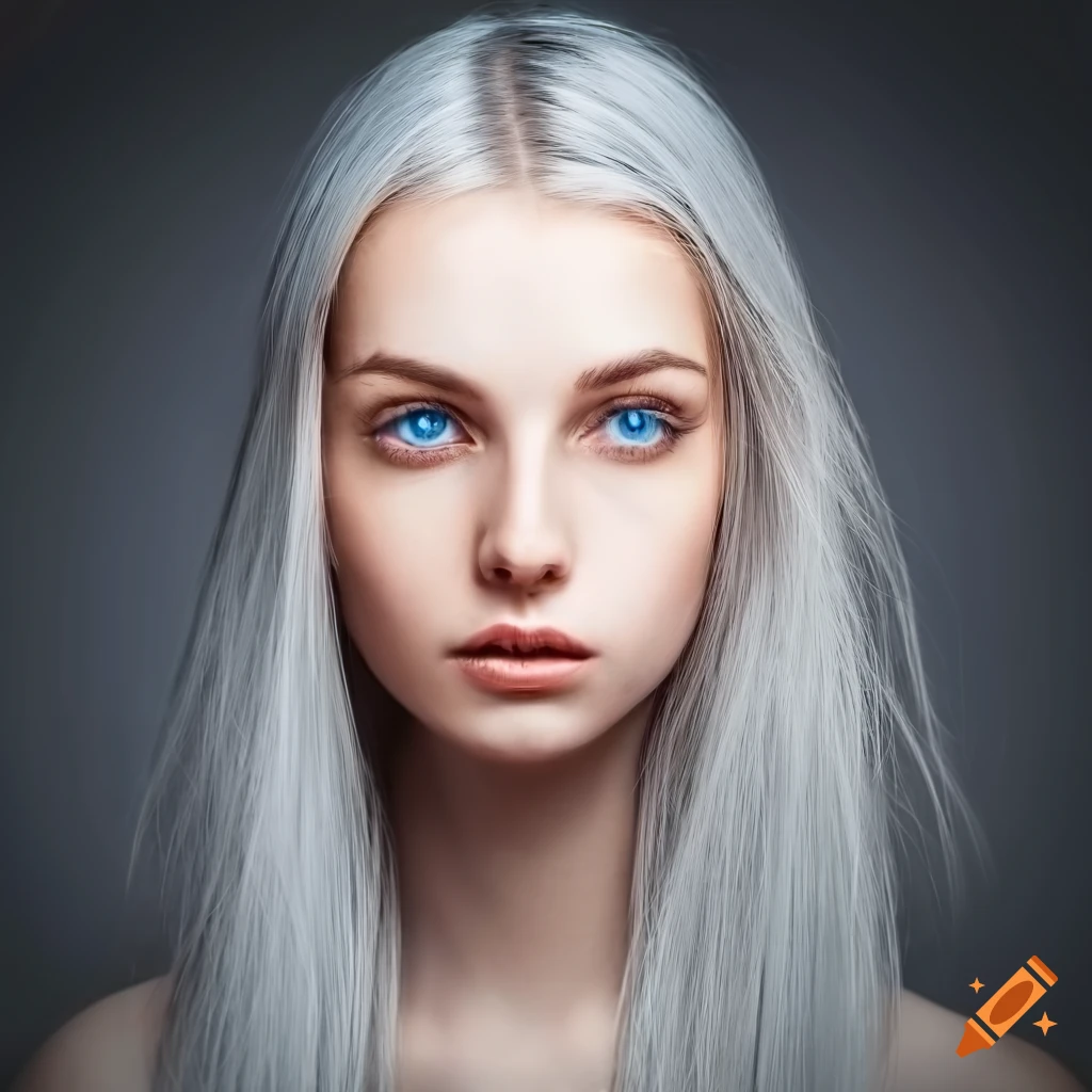 Portrait of a young woman with long silver hair and blue eyes smirking ...