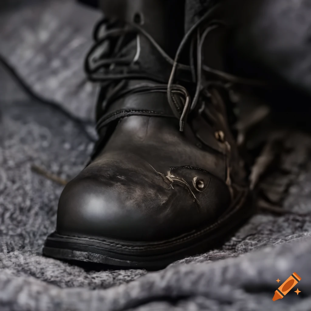 Young adult man's feet in well-worn, dusty, black steel-toe combat boots sinking into a cozy blanket