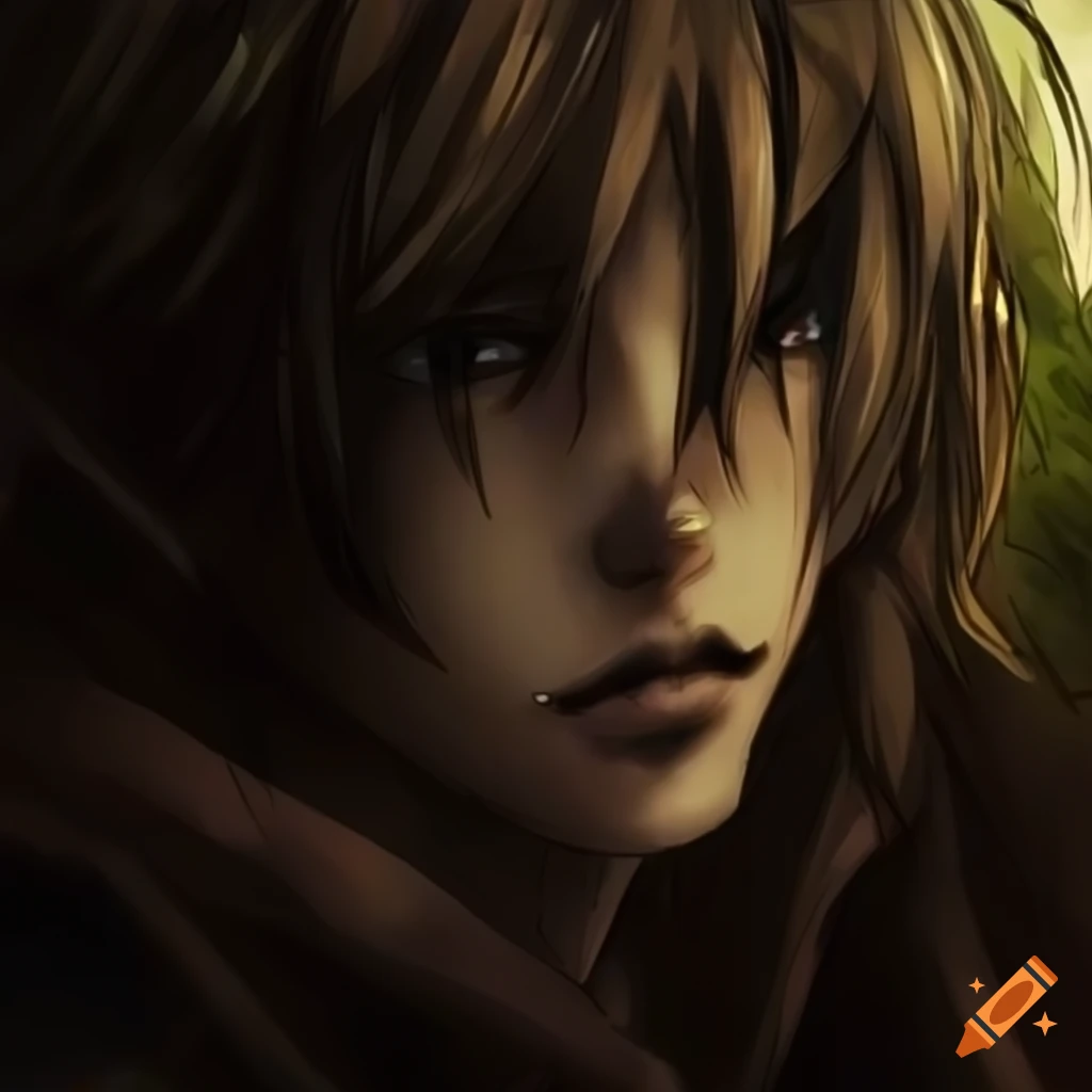 gloomy messy brown hair anime guy in the dark forest