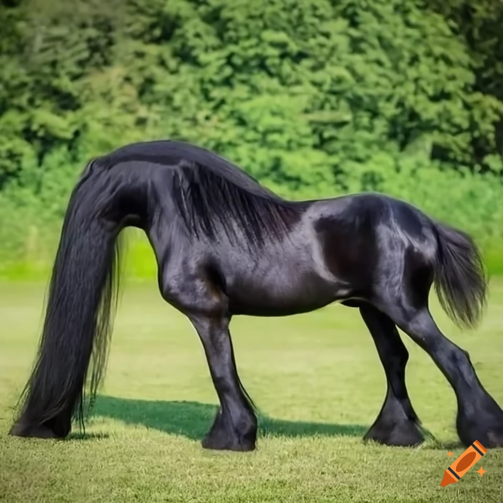 A black friesian horse with a light colored mane and tail on Craiyon