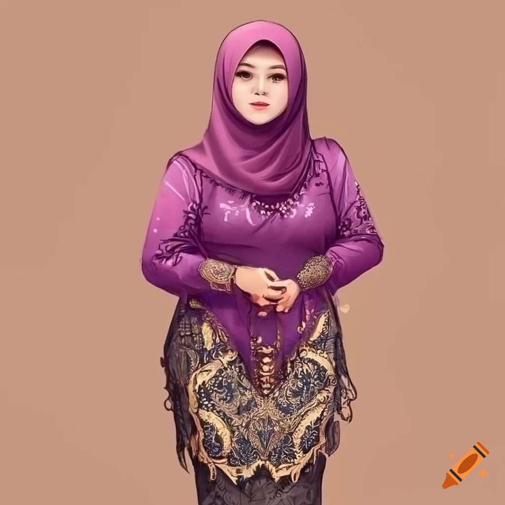 Brown skinned chubby tudung malay woman in kebaya, standing in front of