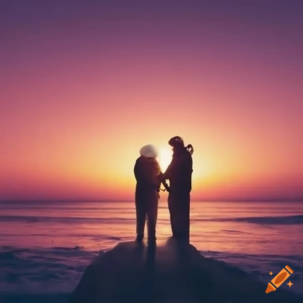 Old couple holding hands watching sunrise over the ocean