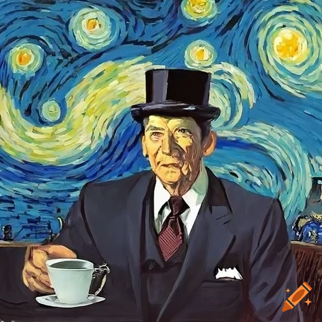 Ronald reagan with top hat drinking tea, van gogh's starry night