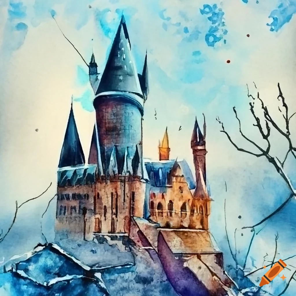 Hogwarts school in the winter watercolor on Craiyon