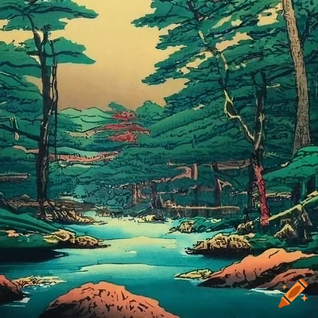 日本の自然風景 絵画 水彩画 横尾武之 作 「木漏れ日の径」 風景