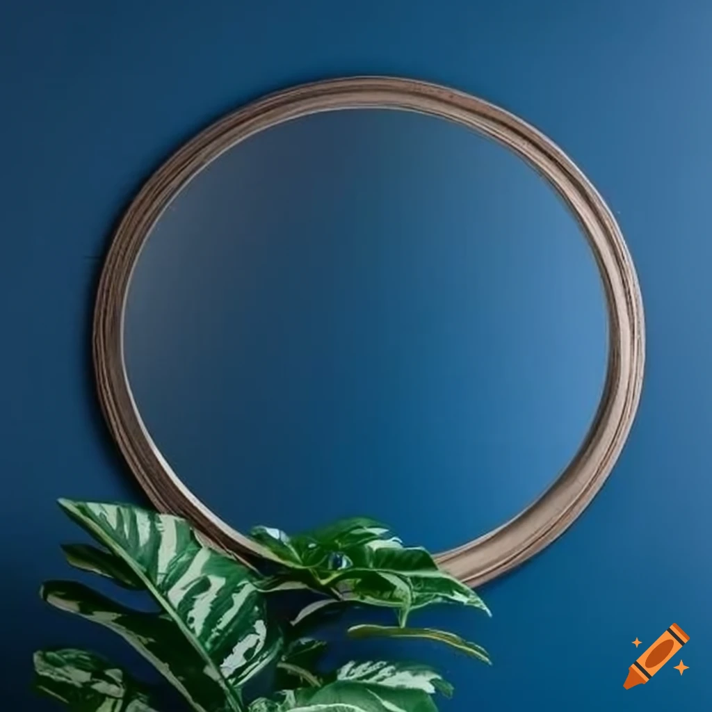 Navy blue wall, mirror, leafy plant
