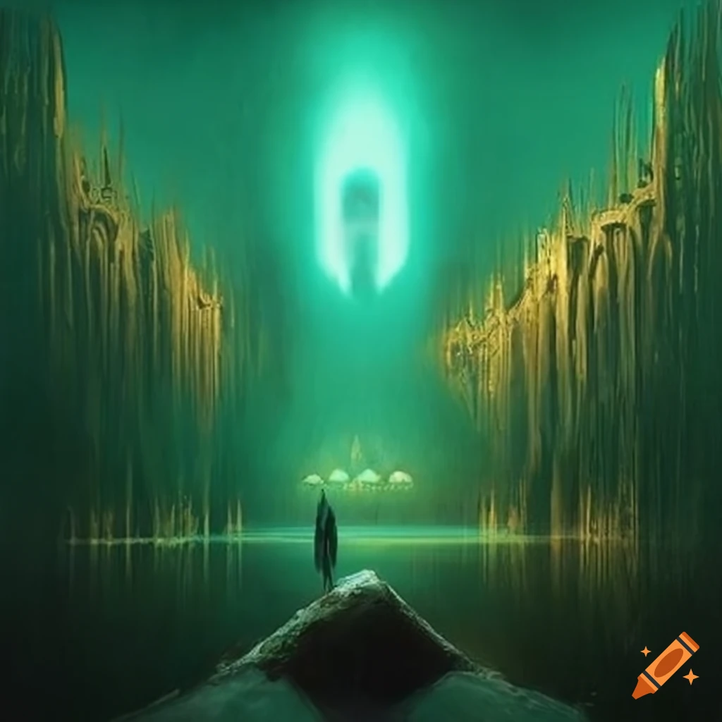 Vanaheim rendered in green and gold painted by beksinski