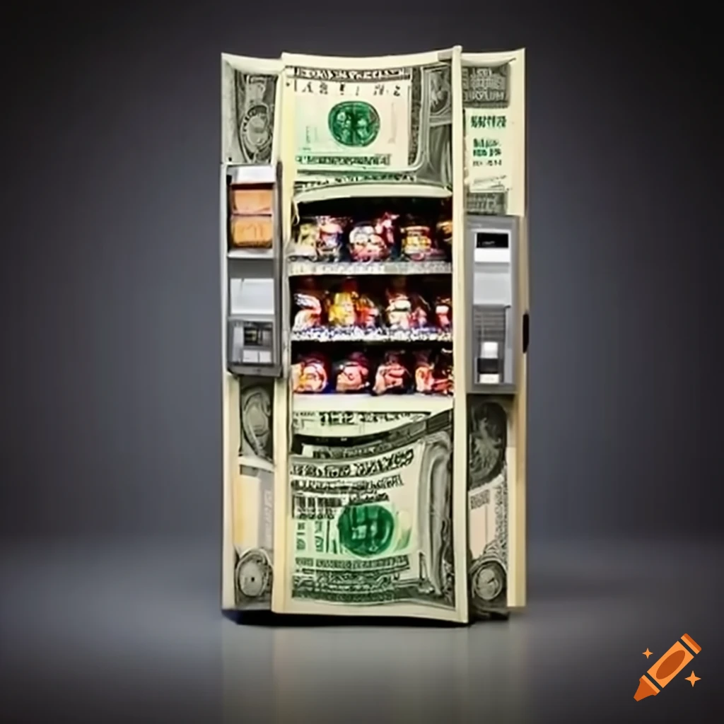 Vending machine covered in dollar bills selling dollar bills